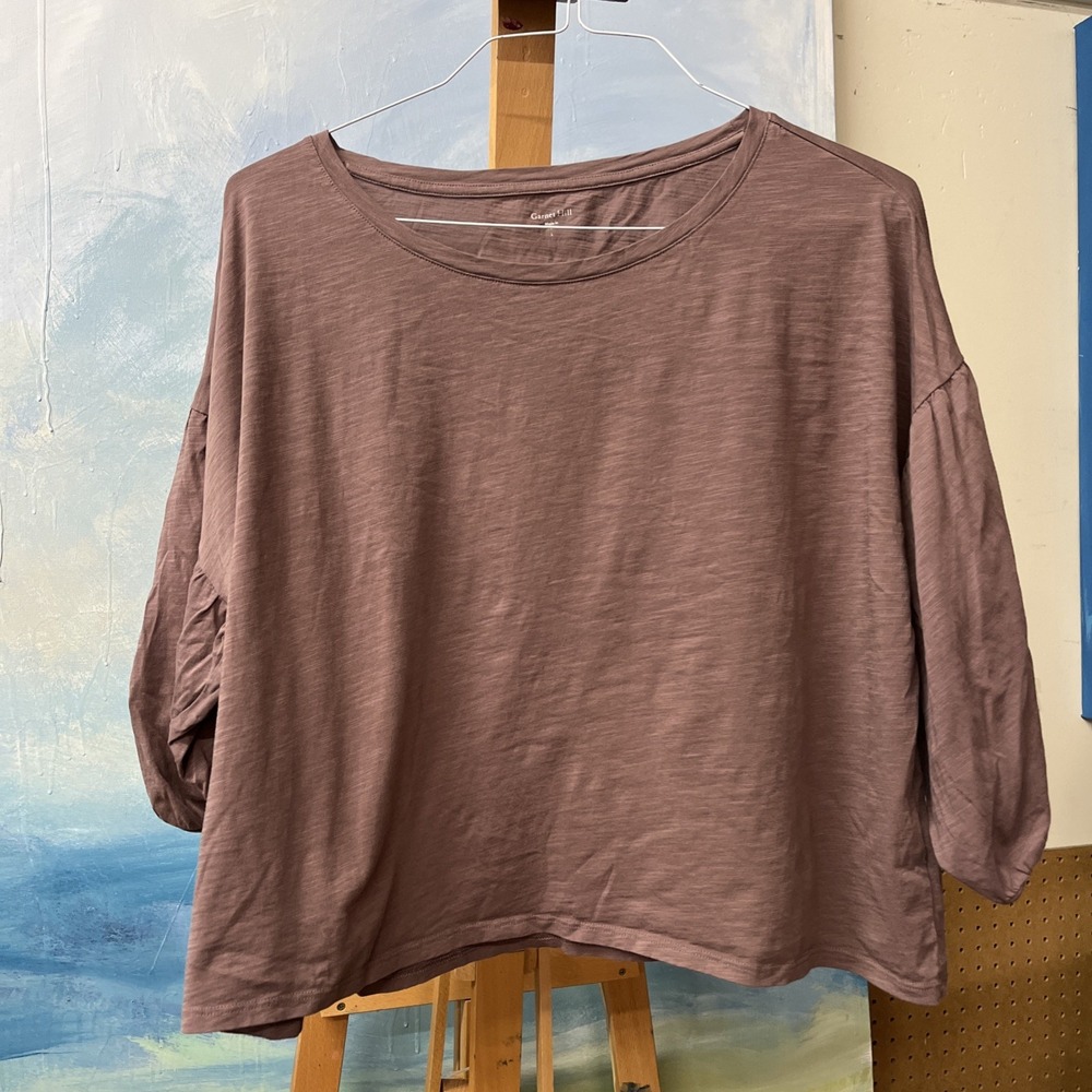 Garnet Hill Organic Pima Cotton Boxy Cut Top Cropped Balloon Sleeve Large